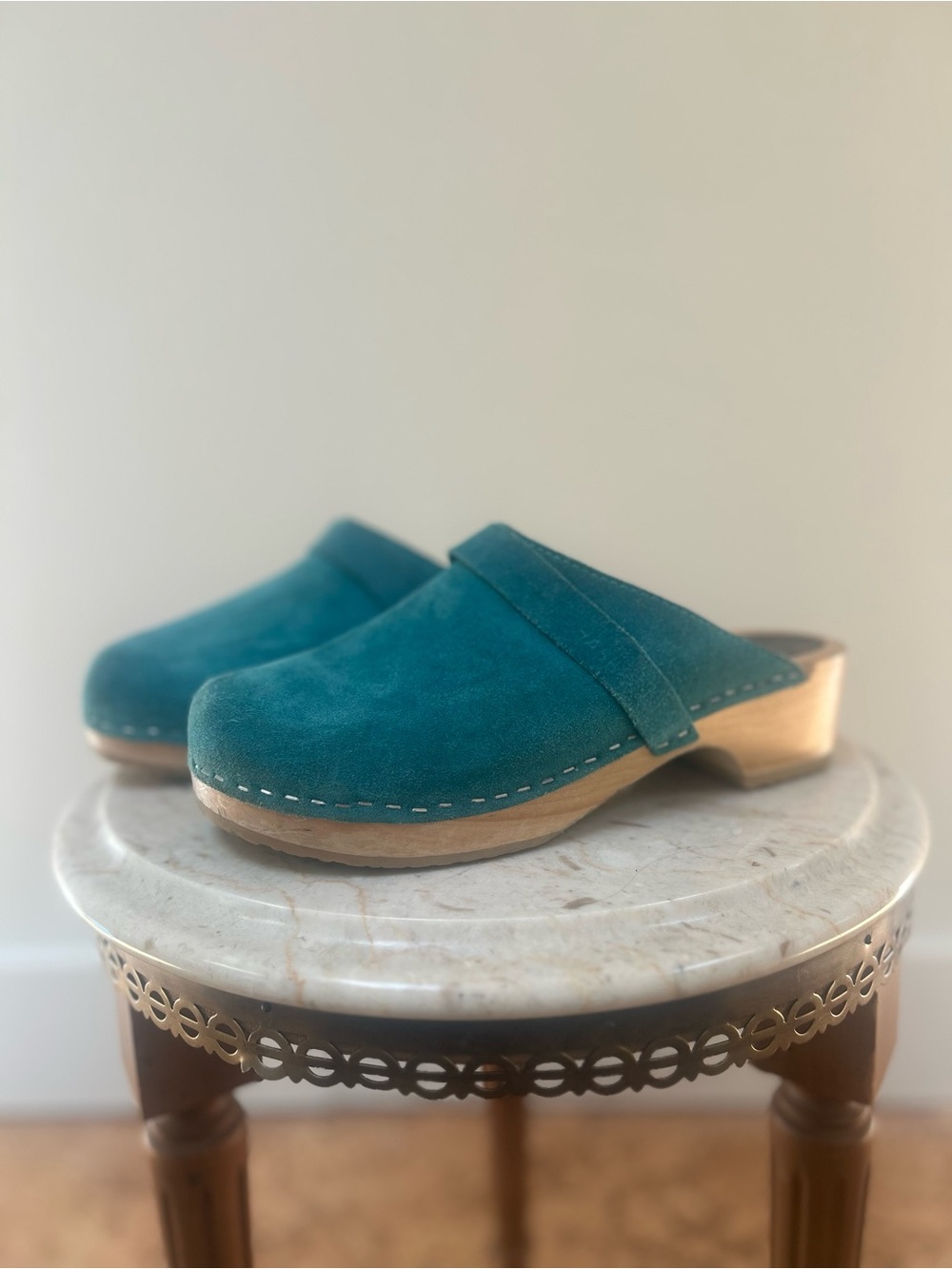 Swedish Hasbeens Teal Suede Clogs - Picture 2 of 14